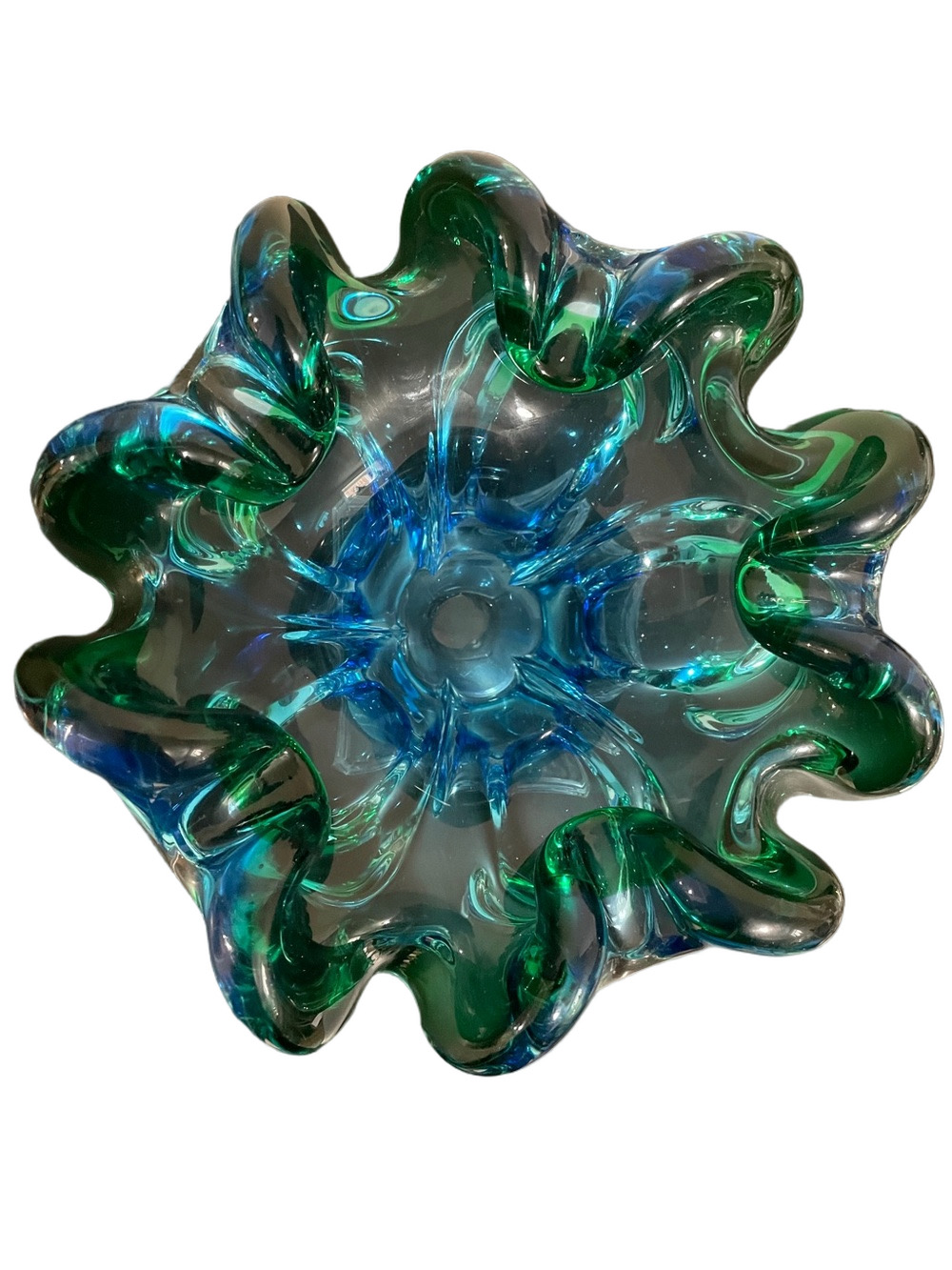 MCM Lorraine Handblown Green Over Blue Art Bowl - Picture 2 of 8
